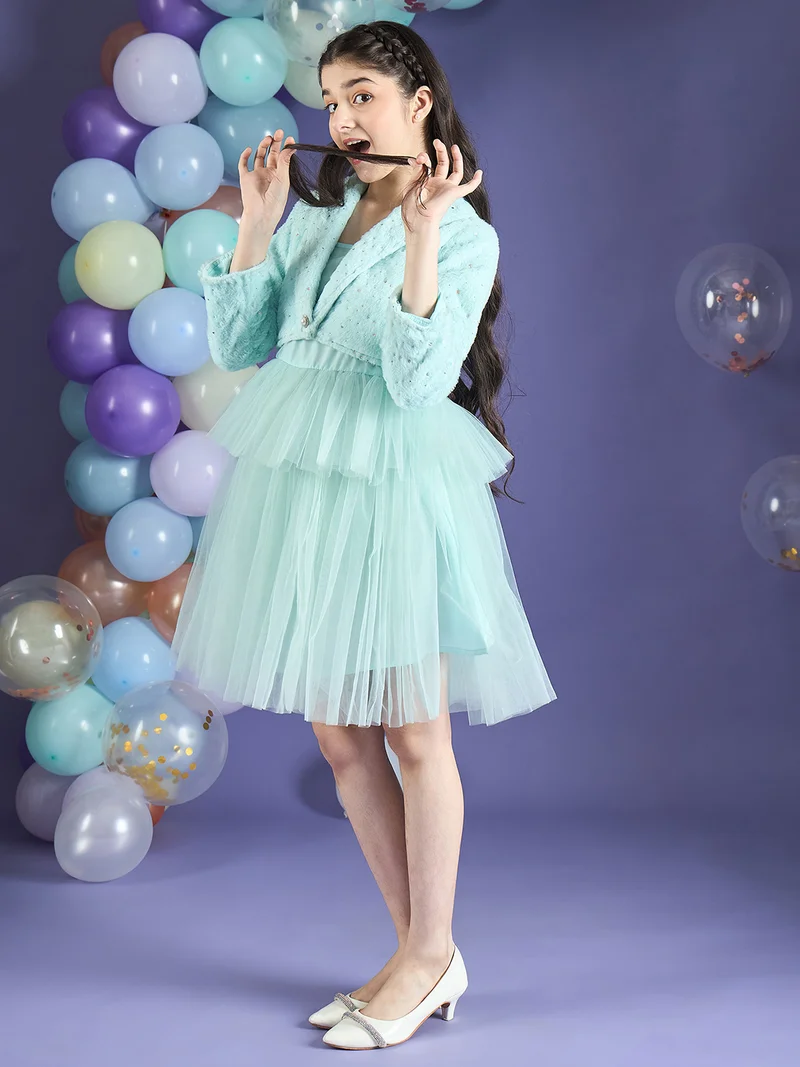 شيري أند جيري فستان بناتي "Fit and Flare" أزرق بلمعة فرو صناعي وشبكة - تصميم فاخر يناسب المناسبات الخاصة.